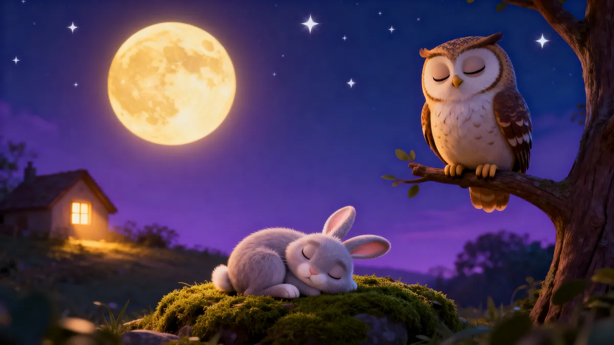 Schläfrige Eule auf einem Ast und ein schlafendes Häschen unter Vollmond und Sternenhimmel