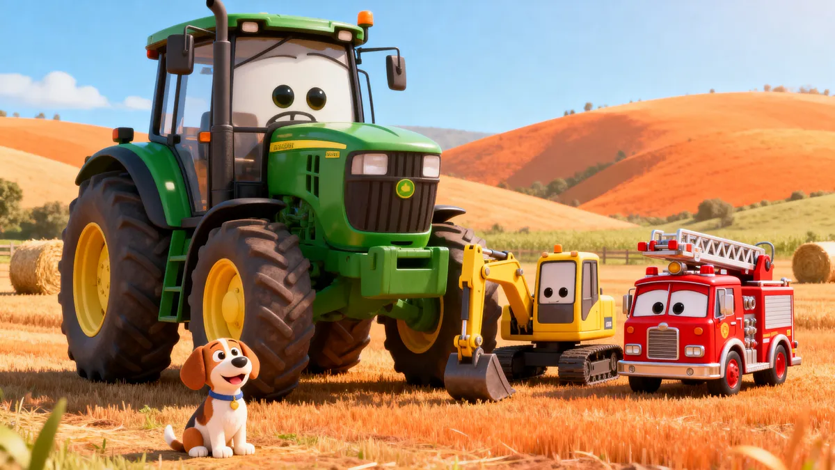 Grüner Traktor, gelber Bagger und rotes Feuerwehrauto auf einem Feld, davor ein kleiner Hund