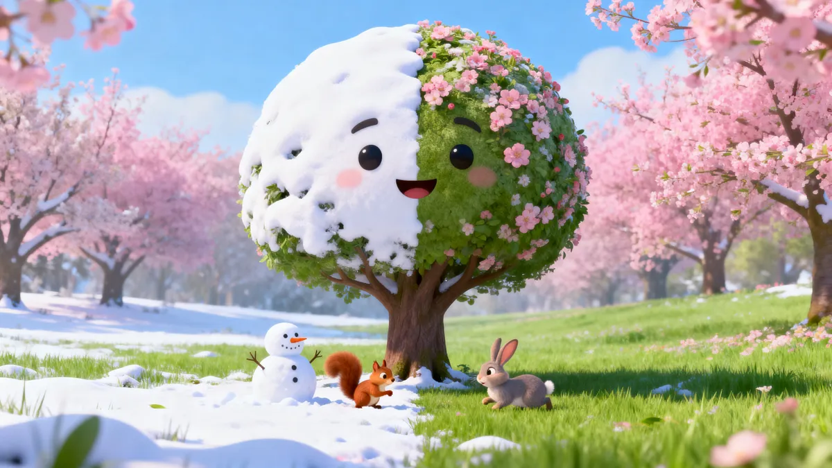 Ein großer Baum, links verschneit mit Schneemann, rechts in rosa Frühlingsblüte mit Eichhörnchen und Hase