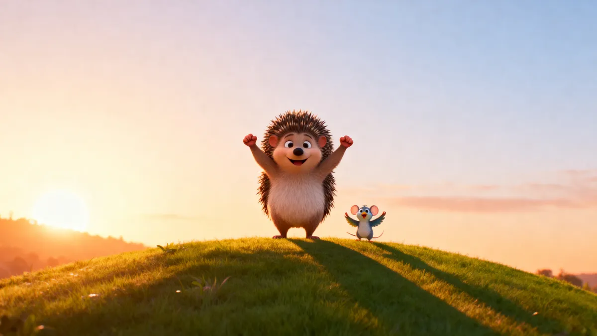 Kleiner Igel steht mit erhobenen Armen auf einem Hügel im Morgenlicht, eine Maus jubelt ihm zu