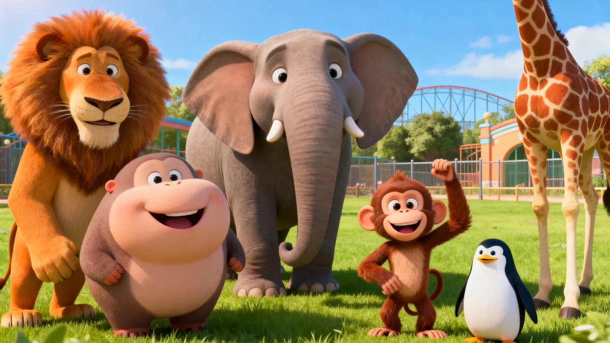 Löwe, Affe, Elefant, Giraffe und Pinguin stehen gemeinsam auf einer sonnigen Wiese im Zoo
